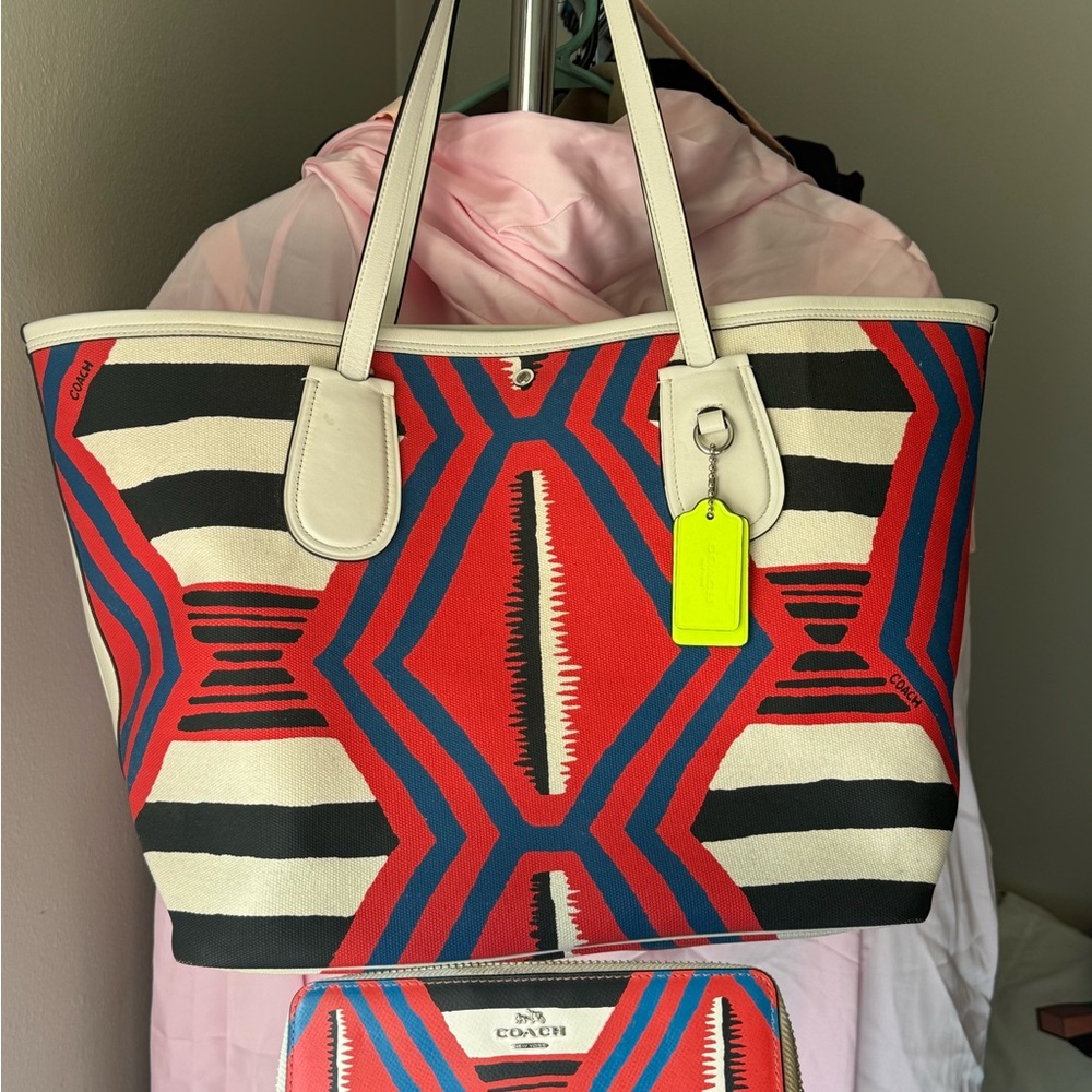 Coach Vibrant Red and Blue Patterned Tote